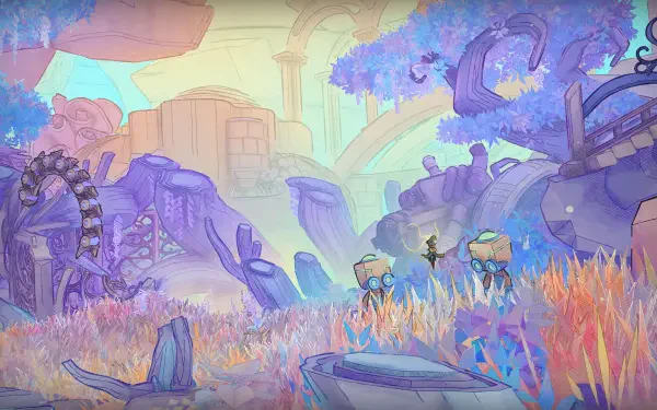 HD PC desktop wallpaper from the video game Mio: Memories in Orbit — pastel ruins and purple trees over colorful grasses as two tiny explorers traverse a dreamlike mechanical landscape.