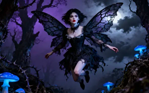 Gothic fairy in a torn black dress with lace wings hovers above a moonlit, mushroom-lit forest — eerie 4K Ultra HD PC desktop wallpaper/background.