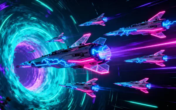 4K Ultra HD PC desktop wallpaper and background: neon-fused futuristic fighters racing toward a glowing teal vortex, leaving pink and blue trails across a starry void.