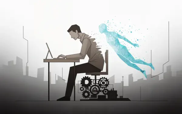 4K Ultra HD PC desktop wallpaper and background: man at a desk typing with gears beneath and a translucent blue digital avatar emerging behind him against a misty city skyline.