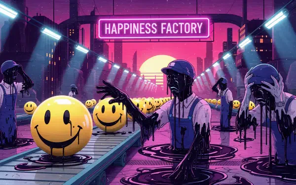 4K Ultra HD PC Desktop Wallpaper and Background — neon HAPPINESS FACTORY assembly line of glowing smiley spheres and shadowy workers dripping black goo beneath a pink sunset