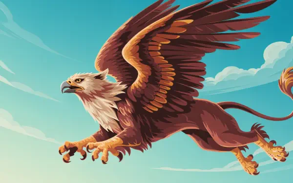 Illustrated griffin soaring across a bright blue sky — vibrant 4K Ultra HD PC desktop wallpaper and background.