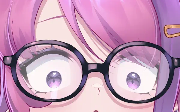 Close-up of Virtual YouTuber Ironmouse with round glasses, purple-pink hair and sparkling violet eyes — HD PC desktop wallpaper background.