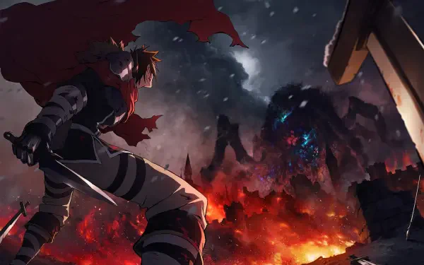 HD anime desktop wallpaper of Sentenced to Be a Hero: Xylo Forbartz in a tattered cloak wielding a sword, facing a towering, glowing-eyed monster amid a fiery, burning battlefield.