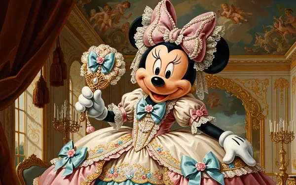 Elegant Minnie Mouse in an ornate Rococo gown holding a hand mirror in a grand palace — 4K Ultra HD PC Desktop Wallpaper and Background.