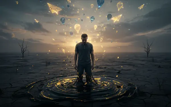 4K Ultra HD PC Desktop Wallpaper and Background: lone figure stands in a shallow pool on cracked earth, backlit by golden light as glowing paper planes and particles float overhead.