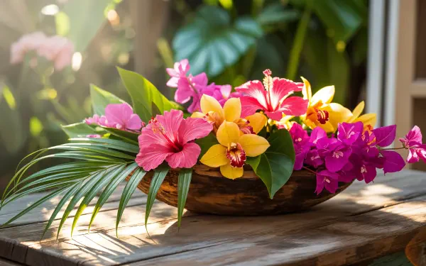 4K Ultra HD PC desktop wallpaper: sunlit wooden table with a shallow bowl of vibrant tropical flowers—pink hibiscus, yellow and magenta orchids—and green palm fronds.