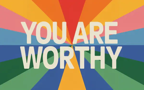 Vibrant radial rainbow rays with bold white text YOU ARE WORTHY — 4K Ultra HD PC desktop wallpaper and background.