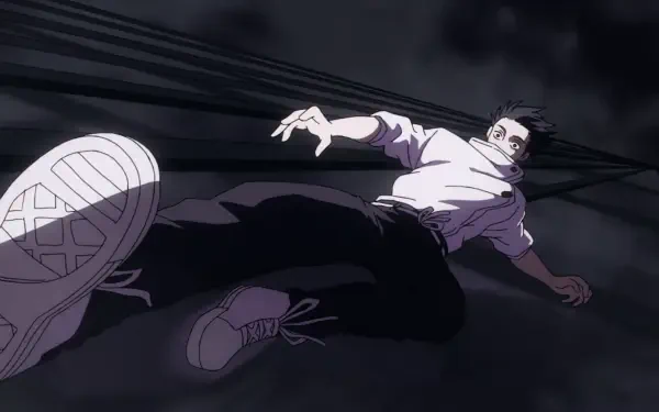 Anime HD PC desktop wallpaper of Yuta Okkotsu from Jujutsu Kaisen sprawled on a dark floor, reaching forward in a dramatic low-angle composition with moody shadows.