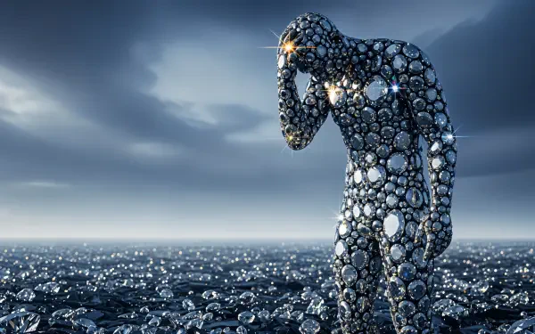 Surreal humanoid of reflective stones stands on a wet rocky shore beneath a stormy sky — 4K Ultra HD PC Desktop Wallpaper and Background