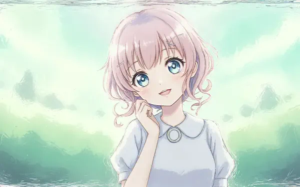 Cute anime 4K Ultra HD PC desktop wallpaper — pastel portrait of a smiling pink-haired, blue-eyed girl with soft curls against a bright sky and misty green landscape.