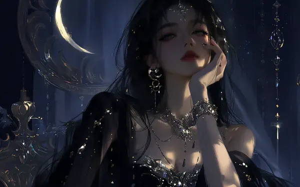 AI art anime girl Moon Girl in a jeweled dark gown beneath a crescent moon — 2K Quad HD PC desktop wallpaper/background.