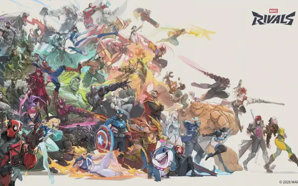 Marvel Rivals 4K Ultra HD PC desktop wallpaper showing a colorful, action-packed clash of Marvel heroes and villains, Rivals logo at top-right.