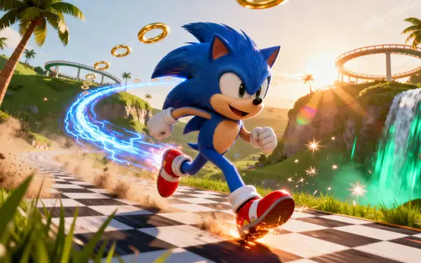 Sonic the Hedgehog sprinting on a checkered track with golden rings, waterfalls and roller coasters — vibrant 4K Ultra HD PC desktop wallpaper/background.