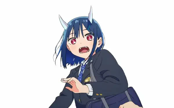 HD PC desktop wallpaper of RuriDragon: white-background anime showing a blue-haired, horned schoolgirl in a dark uniform with red eyes and a surprised expression.
