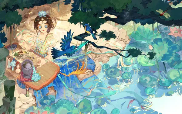 HD PC desktop wallpaper for the video game Identity V: ornate female figure by a tree table with blue birds, flowing ribbons and a dreamy lily-pad pond in soft pastel hues