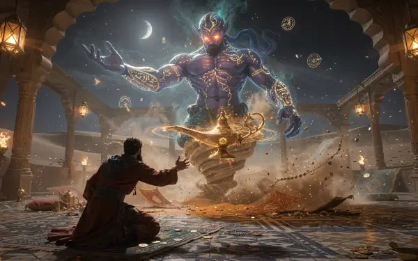 4K Ultra HD PC desktop wallpaper: a towering spectral djinn rising from a golden lamp in an ornate moonlit hall as a kneeling figure reaches toward it.