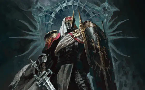 HD PC desktop wallpaper from the video game Diablo IV: a paladin knight in heavy armor wields a massive sword and shield before a gothic throne, haloed by icy blue runes.