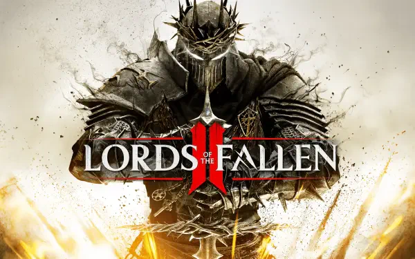 Video game key art for The Lords of the Fallen II — crowned armored knight with red X logo amid embers and light; 4K Ultra HD PC desktop wallpaper and background.