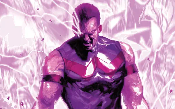 Marvel Comics HD PC wallpaper: Wonder Man in a pink-purple energy aura, fists clenched in rage, muscular hero snarling against a glowing, electric background.