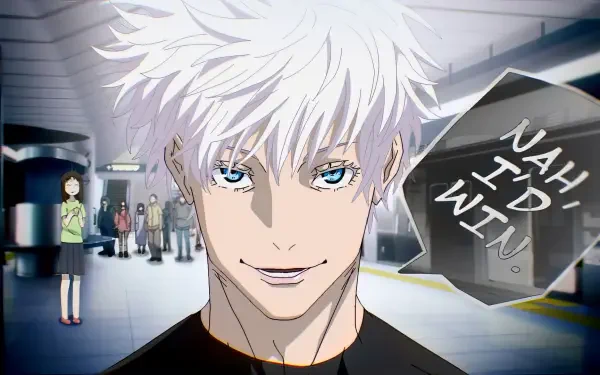 HD PC wallpaper of Satoru Gojo (Jujutsu Kaisen 3rd Season): white-haired, blue-eyed, confident smirk as a glowing aura radiates around him in a subway concourse, anime aura farming background.