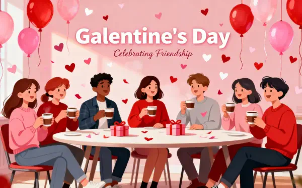 4K Ultra HD PC desktop wallpaper and background: Galentine's Day celebration of friendship — six friends laughing over coffee and gifts at a heart-strewn table under balloons.