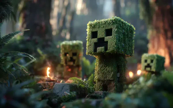AI-art 2K Quad HD PC desktop wallpaper of photorealistic Minecraft Creepers covered in moss standing in a candlelit forest.