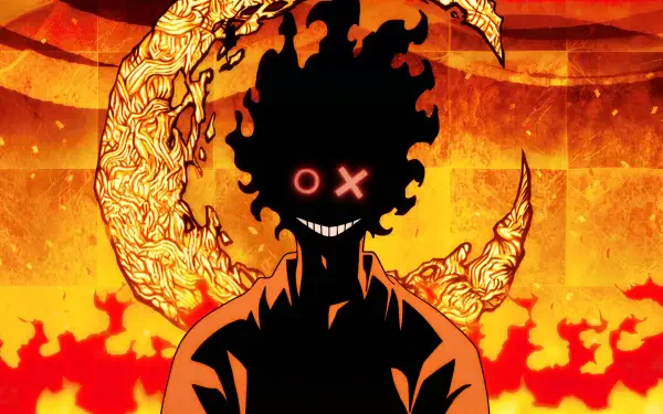 Anime Fire Force HD PC desktop wallpaper: Shinra Kusakabe transformation silhouette with blazing flame head, glowing X eye and grin, crescent of fire and burning backdrop.