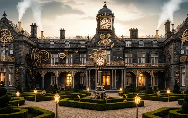 4K Ultra HD PC Desktop Wallpaper and Background: ornate Victorian clock‑tower manor at dusk with glowing lanterns, manicured parterres and decorative brass gears on the façade.