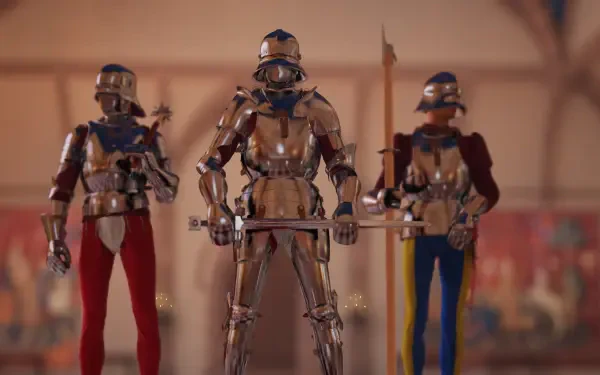 HD PC desktop wallpaper showing three medieval armored warriors from the video game Half Sword (Medieval Games), standing in a vaulted hall with swords and polearms.