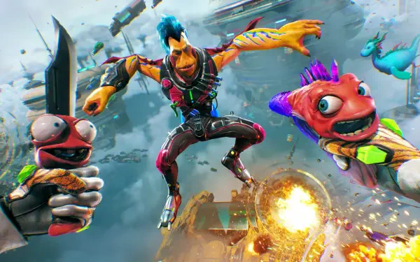 HD PC desktop wallpaper/background for action game High On Life 2: blue‑haired hero leaps amid explosions with two colorful living-gun creatures over a chaotic sci‑fi battlefield.