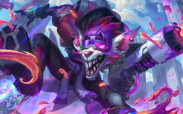 4K Ultra HD PC desktop wallpaper of Twitch (League of Legends) — neon‑punk rat champion leaping through a cityscape, bold MOBA artwork for a dynamic desktop background.