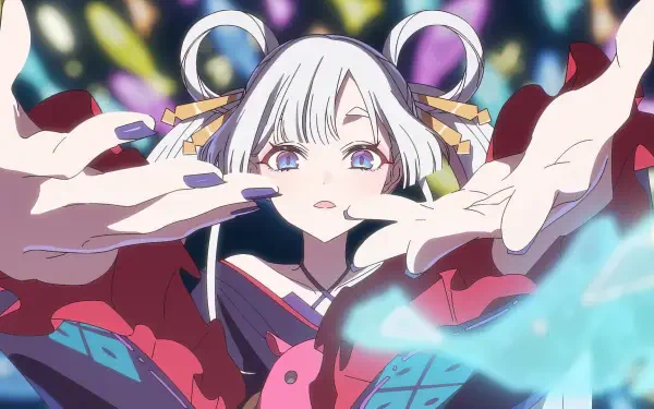 Anime HD PC desktop wallpaper of Cosmic Princess Kaguya!: white‑haired princess reaching out amid shimmering, colorful cosmic lights and ethereal energy.