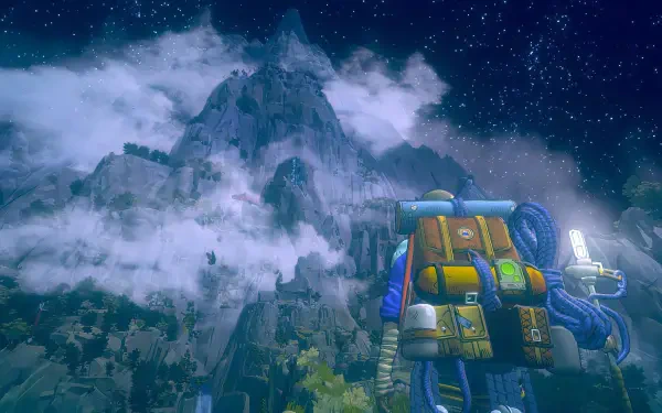 Video game scene from Cairn: backpacked explorer gazes at a towering, mist-wreathed mountain under a starry sky — 2K Quad HD PC desktop wallpaper and background.