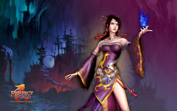 HD PC desktop wallpaper featuring a character from the video game Perfect World, dressed in ornate attire with mystical blue energy in hand against a dark, atmospheric background.