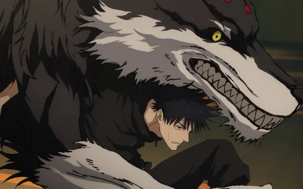 Anime Jujutsu Kaisen 4K Ultra HD PC desktop wallpaper/background: Megumi Fushiguro crouched beside a snarling shikigami wolf in a dark, moody scene.