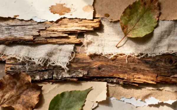 Rustic 4K Ultra HD PC Desktop Wallpaper and Background showing layered torn paper, frayed linen, weathered wood and autumn leaves in earthy browns and muted greens.