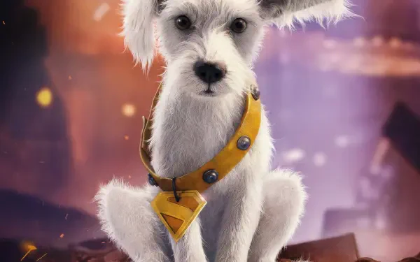 White dog Krypto wearing a yellow collar with the Superman S emblem, shown as a 2K Quad HD PC desktop wallpaper for the Superman (2025) movie from DC Comics.