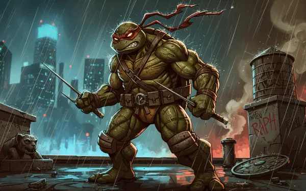 Raphael (TMNT) 4K Ultra HD PC desktop wallpaper: battle-ready Raphael on a rain-soaked rooftop, red bandana and sais drawn against a neon city skyline.