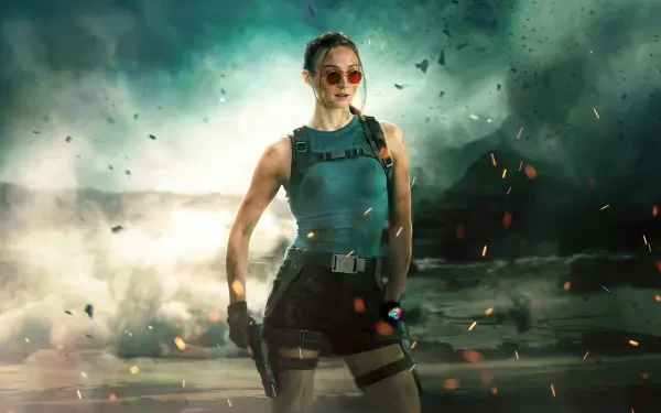 2K Quad HD PC wallpaper: Lara Croft from Tomb Raider: Legacy of Atlantis stands in a teal tank top and tactical gear amid stormy ruins, sunglasses on and embers drifting around.