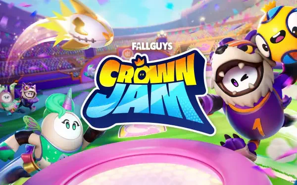 HD PC desktop wallpaper/background of the video game Fall Guys: Crown Jam — vibrant stadium with colorful bean characters racing toward the crown