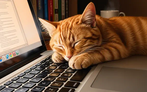 4K Ultra HD PC desktop wallpaper and background: orange tabby cat sleeping on a laptop keyboard, paws tucked in, with books and a mug softly blurred in the background.