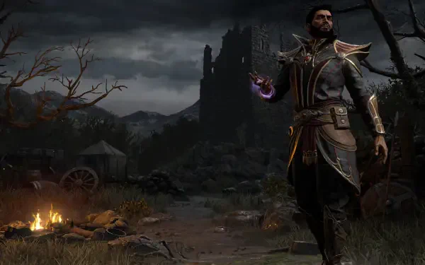 4K Ultra HD PC desktop wallpaper from the video game Diablo II: Resurrected showing a warlock in a dark ruined camp, conjuring a purple spell beside a smoldering fire and crumbling castle.