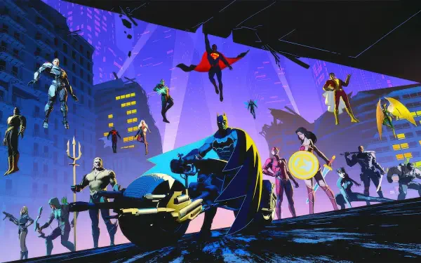 2K Quad HD PC desktop wallpaper for mobile game DC: Dark Legion: Batman in foreground leading an assembled roster of DC heroes against a neon-lit city skyline.