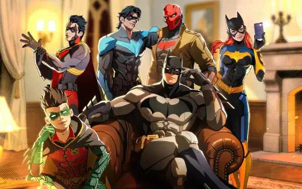 4K Ultra HD PC desktop wallpaper for mobile game DC: Dark Legion — Batman seated in an armchair, flanked by Robin (DC Comics), Nightwing, Red Hood and Batgirl in a warm, richly lit Bat-family room.