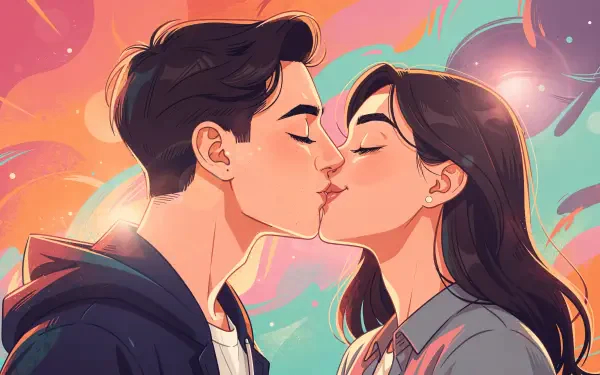 Stylized 4K Ultra HD desktop wallpaper of a young couple sharing a gentle kiss against a colorful, dreamy background.