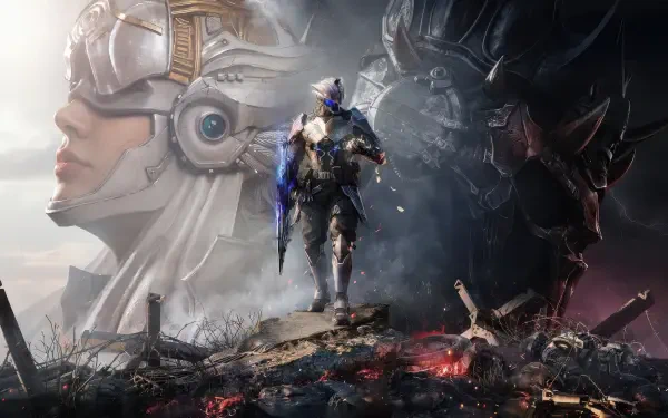 4K Ultra HD PC wallpaper/background for the mobile game Call of Duty: Mobile — armored futuristic soldier strides over a scorched battlefield with a helmeted statue and shadowy armored figure.