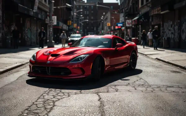 Red Dodge Viper on a sunlit, gritty city street — 5K Ultra HD PC desktop wallpaper/background.
