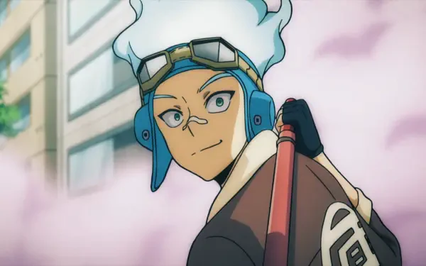 HD PC desktop wallpaper — anime image of Oboro Shirakumo from My Hero Academia: Vigilantes, blue-white hair with goggles, wearing a scarf and gloves, holding a staff against a soft city backdrop.