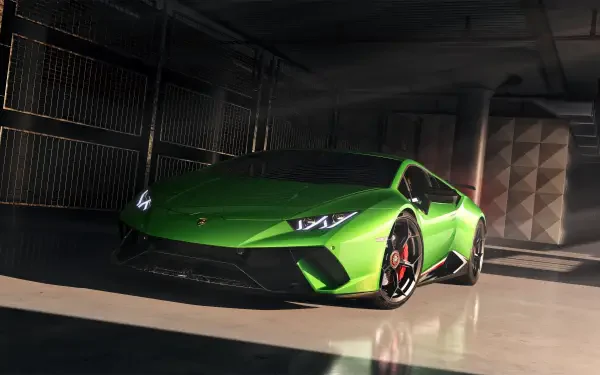 Green Lamborghini Huracán sports car parked in a sunlit garage, 5K Ultra HD PC desktop wallpaper/background image of the vehicle.